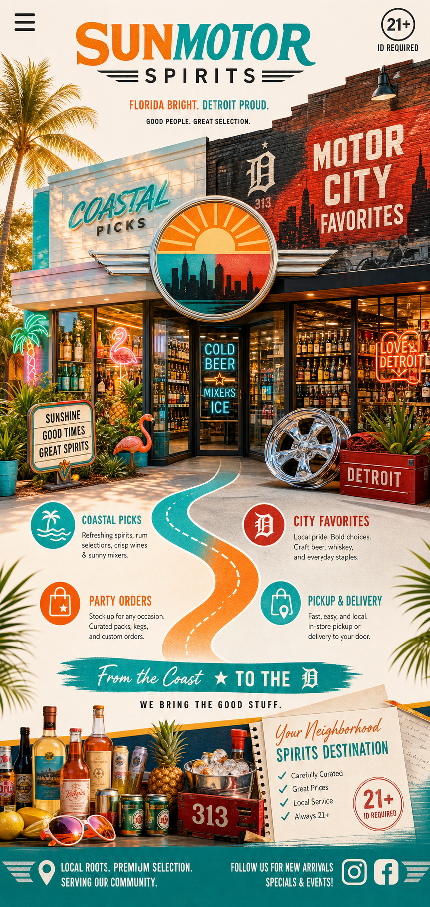 SunMotor Spirits storefront with coastal and Motor City favorites